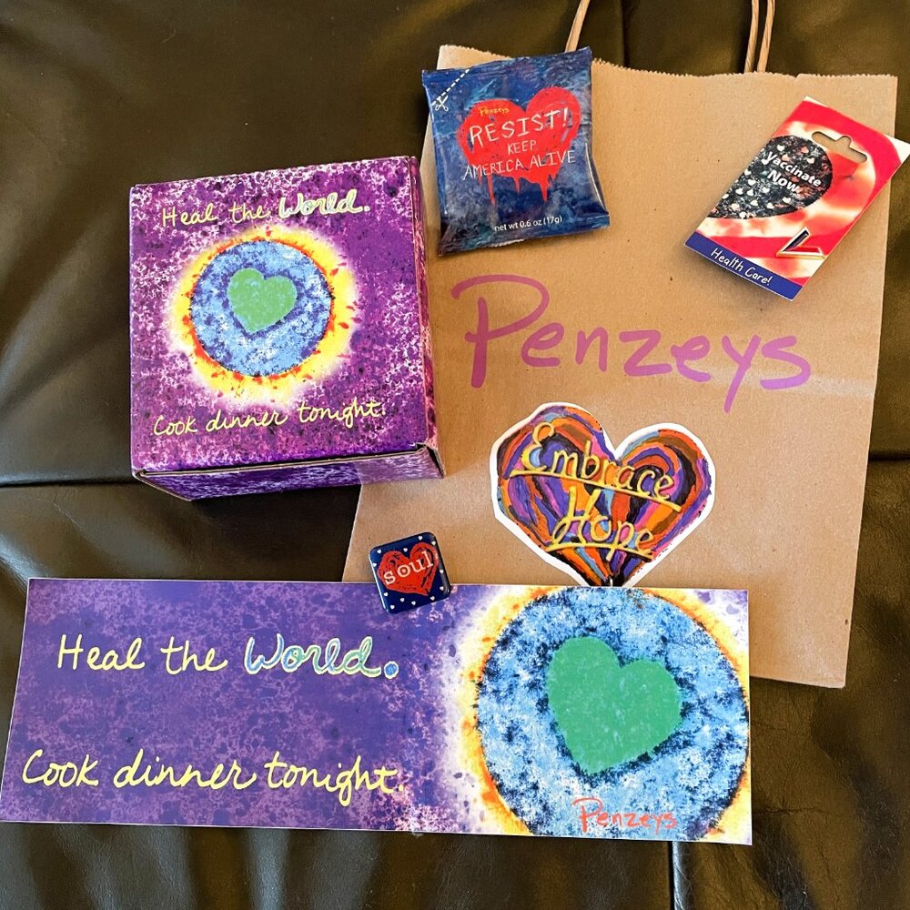 FIRM Penzeys Heal the World Set w/Bag, Magnet, Bumper Sticker, Recipes. READ ALL